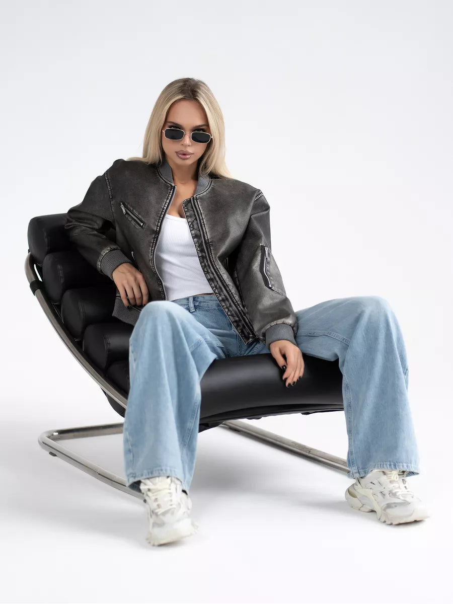 Blouson Bomber Court Oversize en Cuir – Toleex